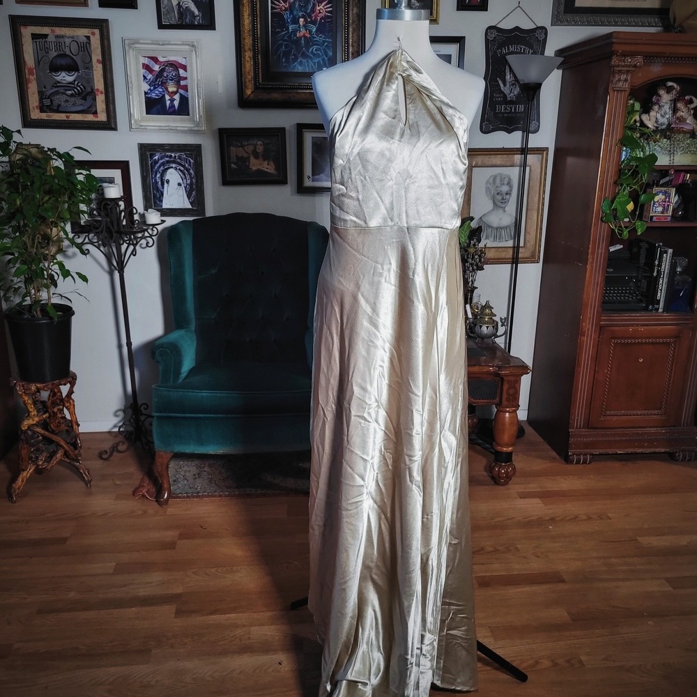 Birdy Grey Maxi Dress Champagne Satin Halter Formal Gown Bridesmaid Womens L